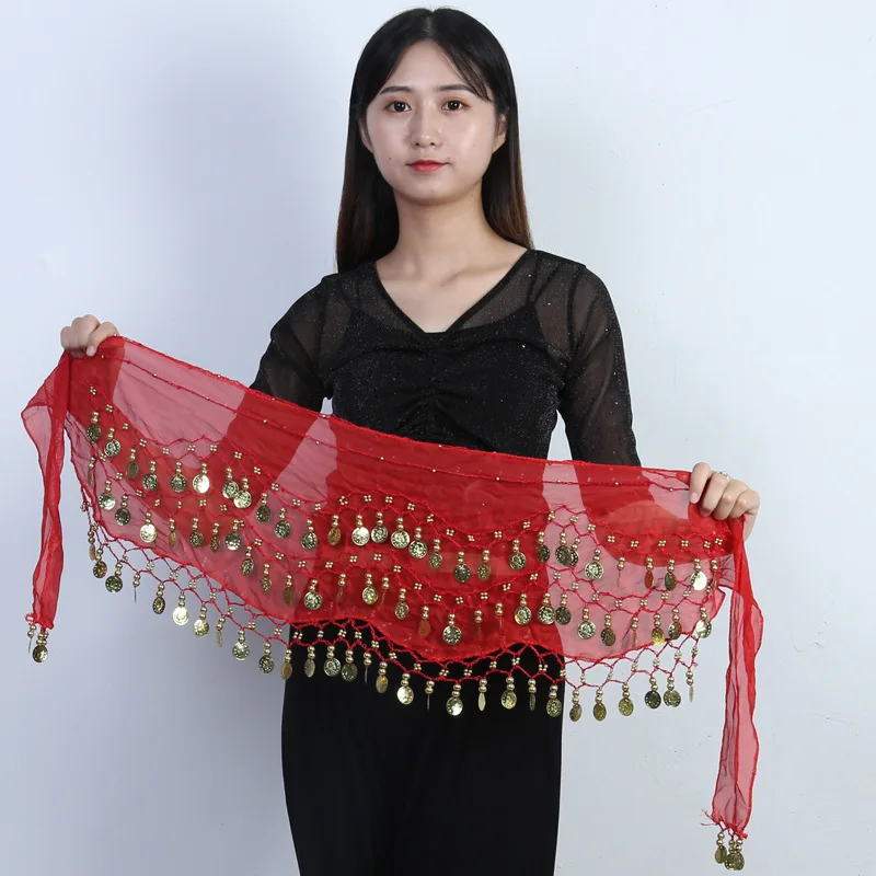 Belly dance waist chain Chiffon triple gold belt Indian dance practice Performance hip scarf scarf Clothing and accessories