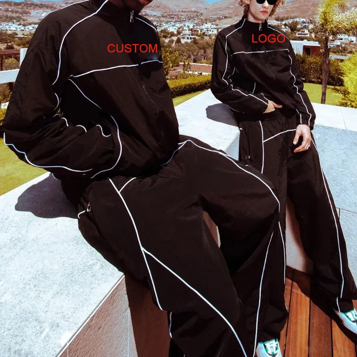 Men Polyester Jogger Sets Two Piece Set Patchwork Zip Up Puff Print Nylon Jacket And Track Pants Custom Nylon Tracksuits For Men