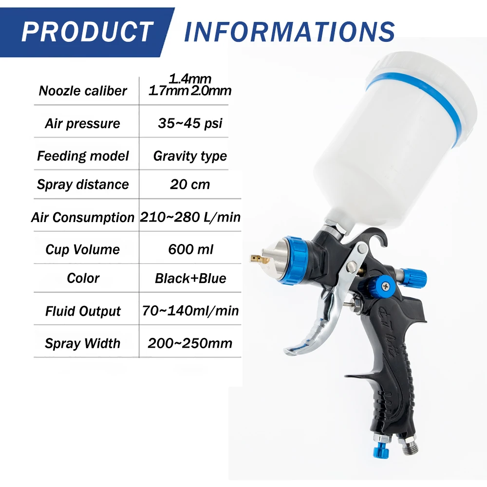 High Quality Professional HVLP Spay Gun Set 1.4/1.7/2.0mm Stainless Steel Nozzle Gravity Airbrush For Car Painting