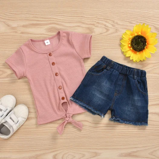 
2021 Summer cross-border new product children clothing girls suit casual solid color pit stripe short T washed denim shorts 