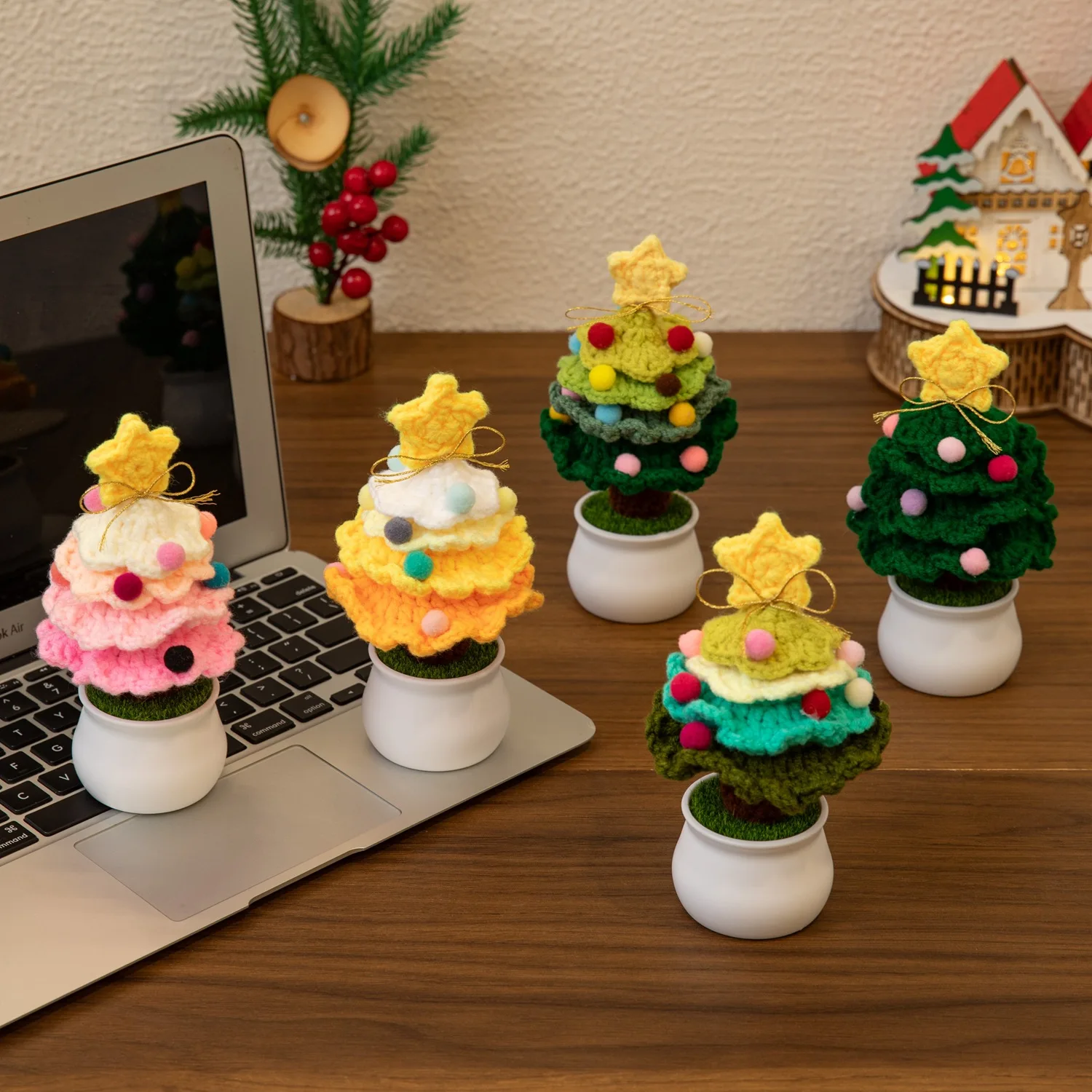 Hand Knitted Creativity Flowers Christmas Gifts Navidad Artificial Trees Mini Crochet Artificial Christmas Tree Ornaments