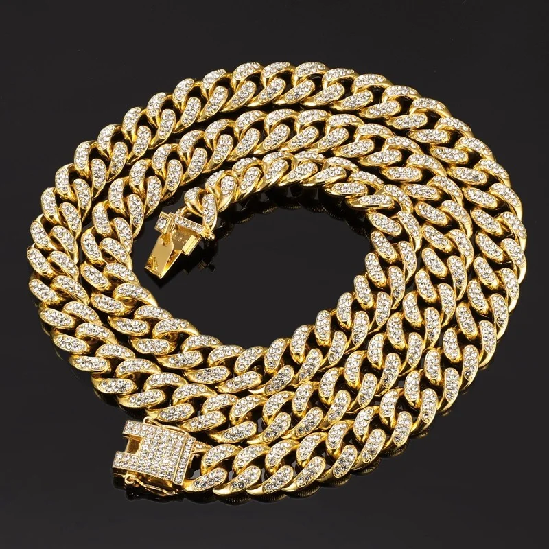 Wholesale Price Hip Hop Jewelry Sliver Gold Plated Hand Setting Rhinestone Diamond Miami Cuban Link Chain Necklace For Men