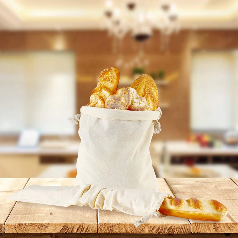 Customized Logo 100% Organic Cotton Bread Bags Pouches With Drawstring