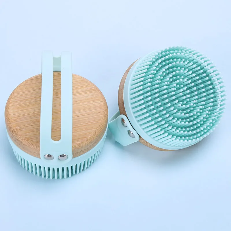 Pore Cleansing Massage Exfoliating Brush Long Leather With Loop Wooden Handle Body Brush Manual Silicone Body Scrubber