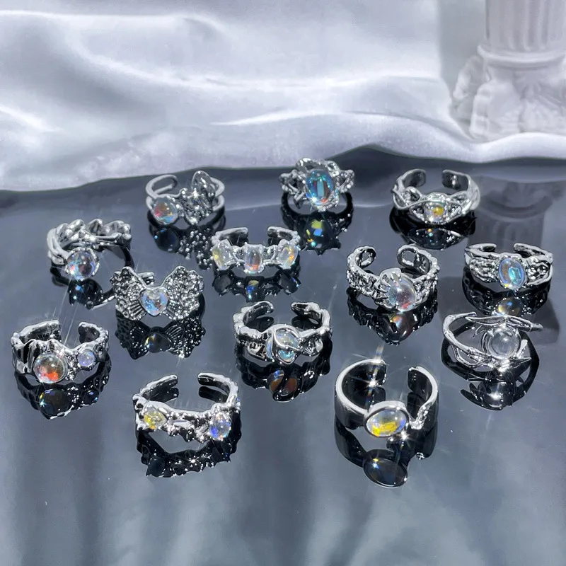 DAIHE Fashion Jewelry Irregular Moonstone Ring Open Adjustable Opal Rings for Women