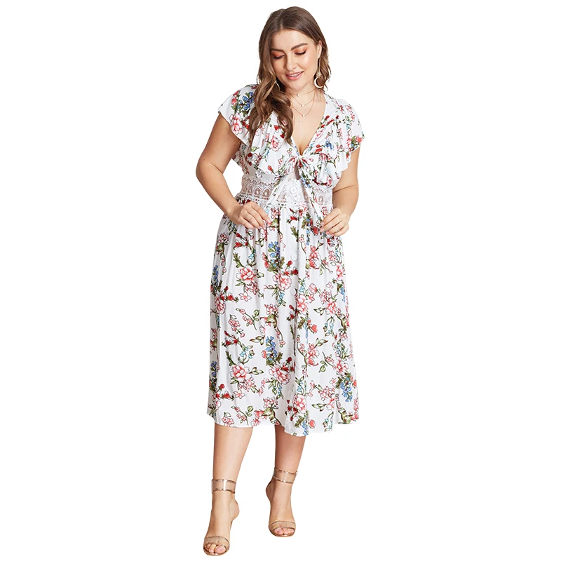 
2020 Summer Women Sexy Hollow Out Lace Print Plus Size Dress 