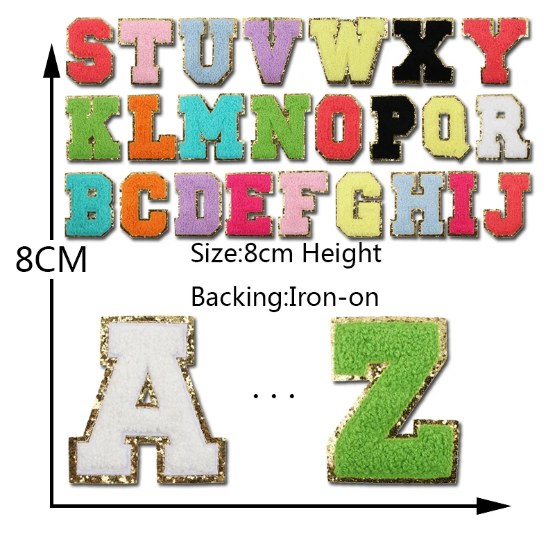 New Iron on Embroidered Patch With Colorful Gold Border Glitter Chenille Letters and Numbers