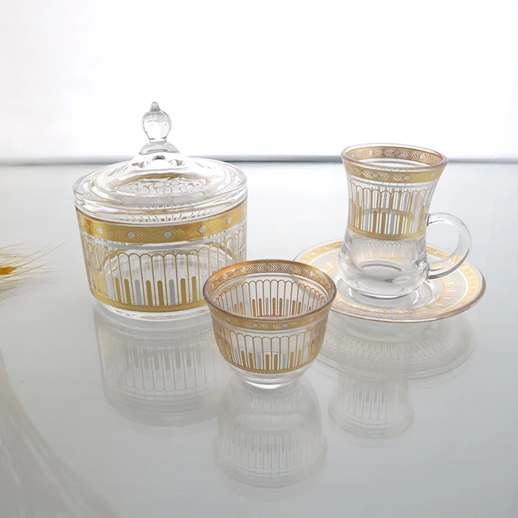 Wholesale Delicate Decal Logo 20pcs Turkish Style Tea Cup Coffee Glass Cup With Handle and Saucer and Layer Sugar Bowl  Set