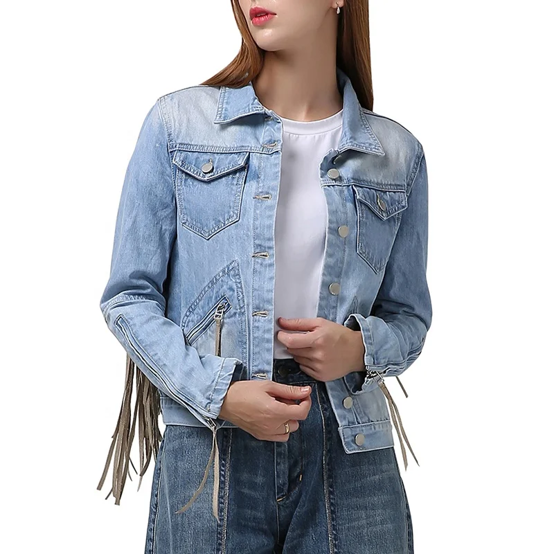 Getspring Lapel Long Sleeve Patchwork Zippers Back Tassel Designer Denim Blue Jackets For Women