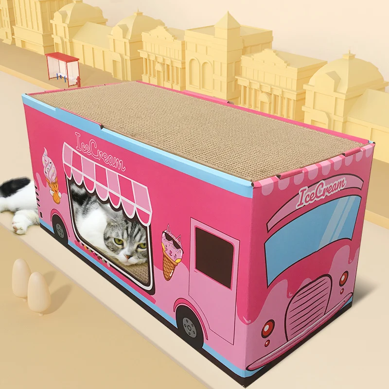 Deku Scratching Pads Cardboard Scratch Lounge Bus Shape Cat House  with Catnip Free