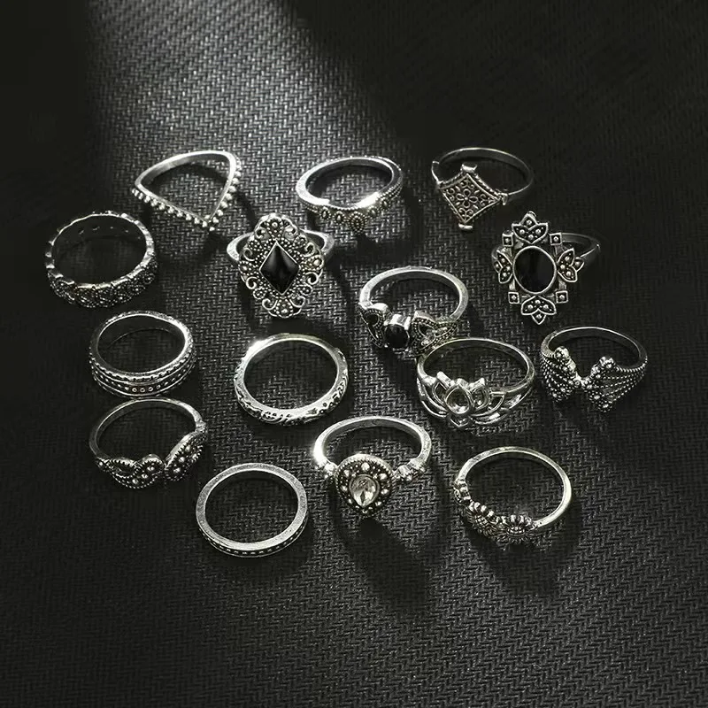 15 Pcs Silver Plated Frog Rings Set, Antique lotus tiara hand diamond drop Rings for Couples, Gift for Women Men Girls