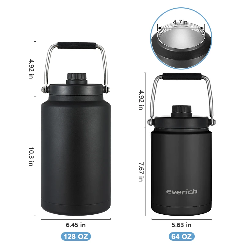 Outdoor Camping One Gallon Jug Large Stainless Steel 128 oz Sports Insulated Water Bottles Keep Cold 48H