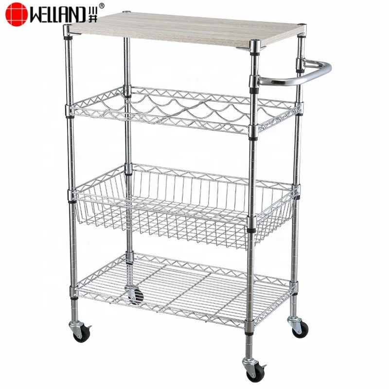Hot Sale Steel Modern Kitchen 3 Tiers Trolley Cart with Rubber Wood Top