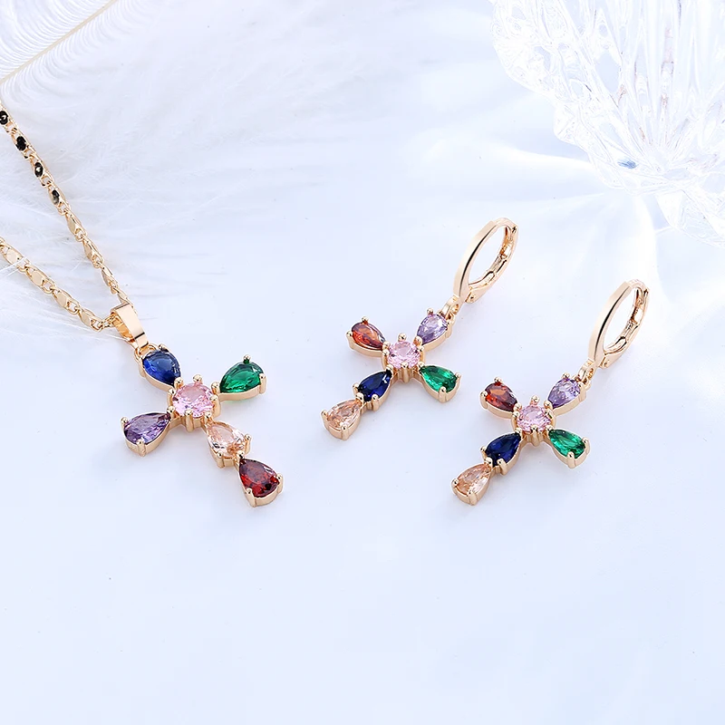 factori price 18k plated gold cross earring necklace sets zirconia wholesale jewelri for women