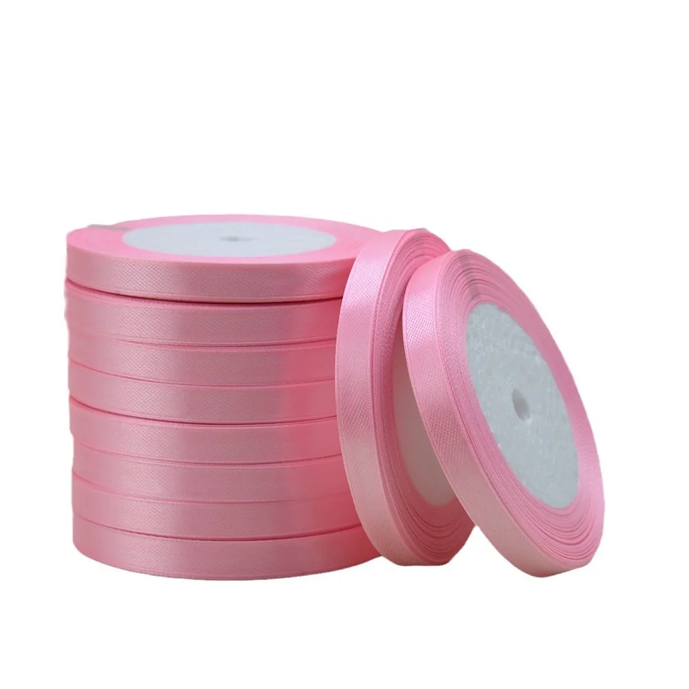 custom Pink Ribbon Polyester 0.6cm 25mm 25yard Single Sided Wedding Decoration Gift Ribbons roll
