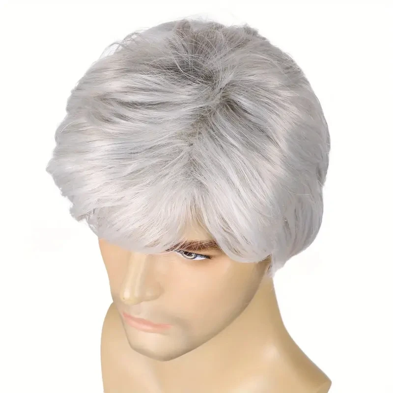 Cheap Price 6 Inch Grey Silvery Short Straight Layered Full Synthetic Wig High Temperature Fiber Male Hair