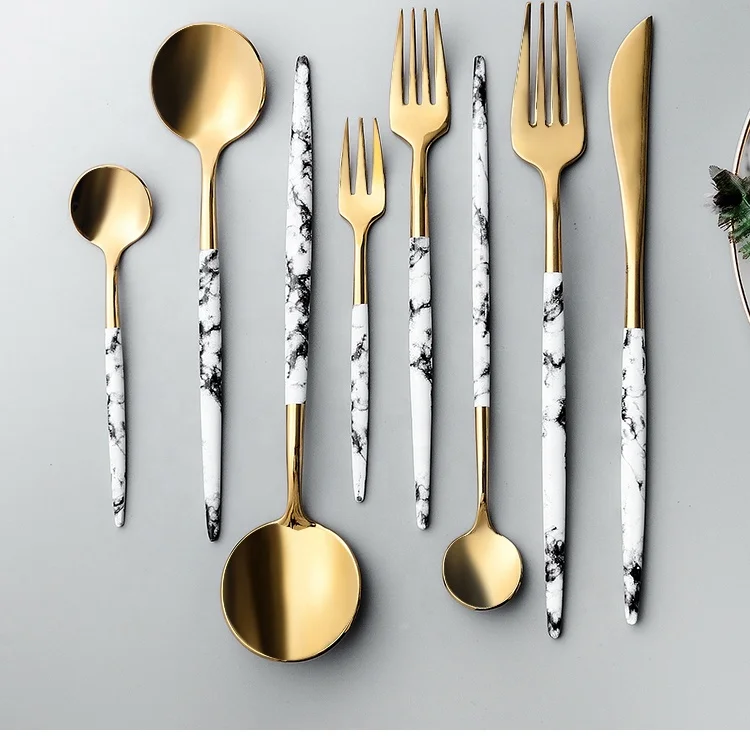 Cutipol goa white and gold cutlery set, 5pcs flatware with resin handle for wedding party rentals