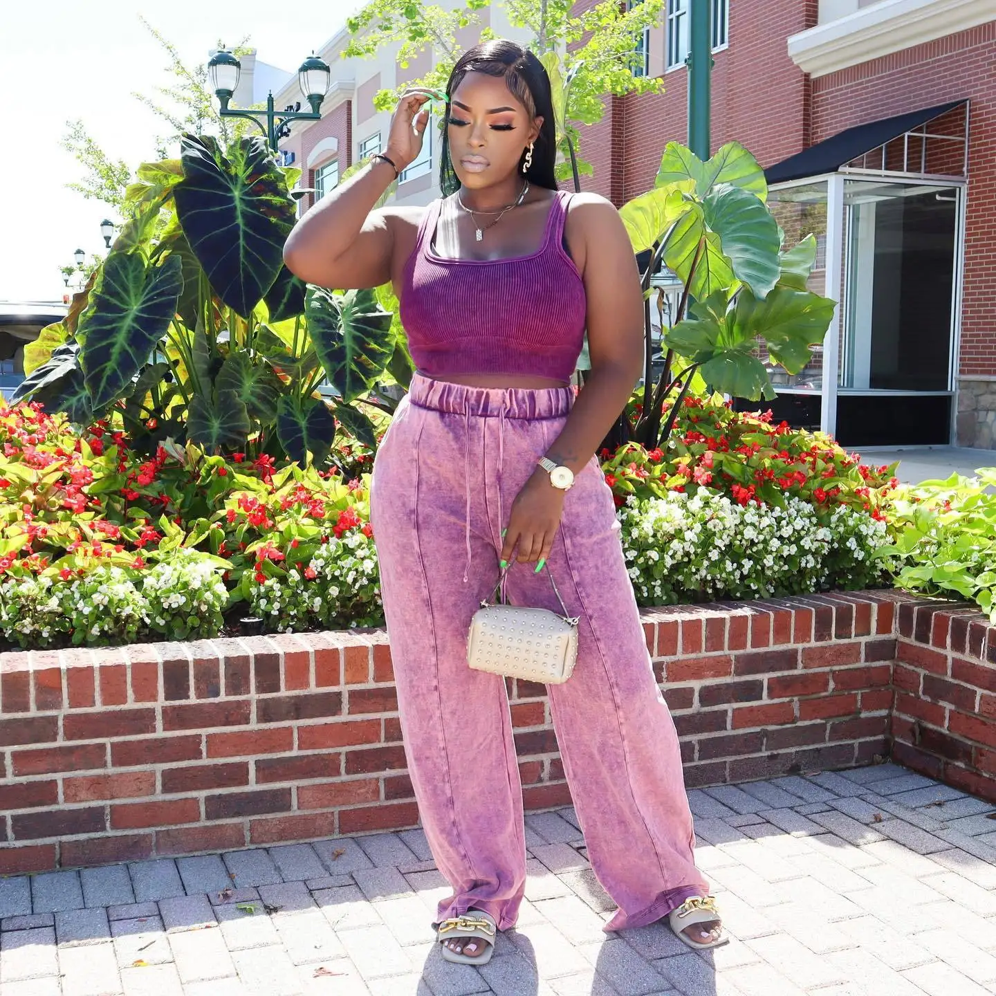 Wholesale fashion high waists baggy pants drawstring wide leg pants for women