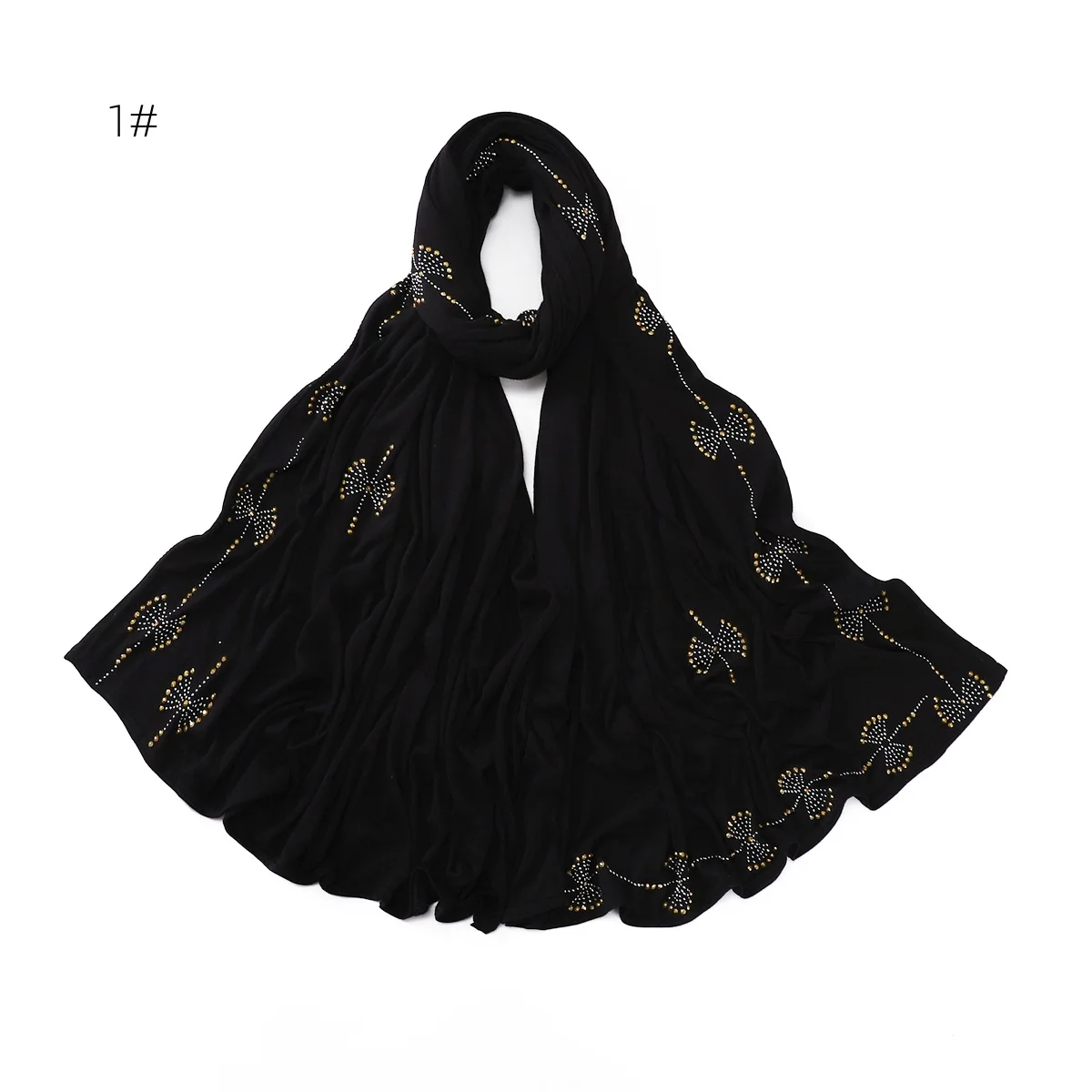 2023 Bow Crystal Muslim Rhinestone Warm Long Jersey Hijab Shawl Solid Color Cotton Headscarf