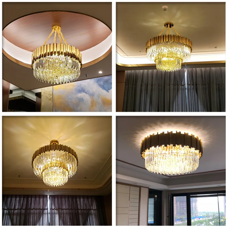 American Luxury Round Gold Black Crystal Ceiling Lamp Chain Pendant Light Modern Crystal Pendant Chandelier Lamp