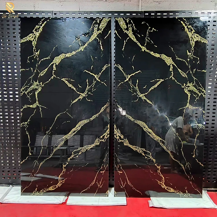 Black gold big porcelain marble glossy slab tile floor wall sintered stone glazed slab marble tile for living room decoration