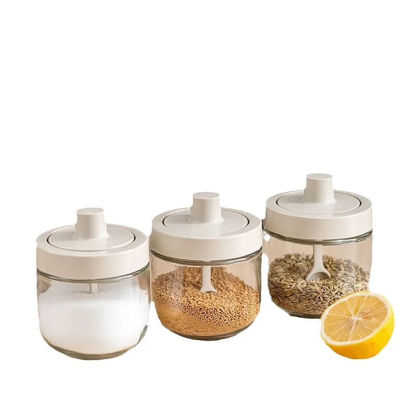 Glass Spice Box Spoon Lid Integrated Spice Jar Combination Seasoning Jar Kitchen Supplies Salt Shaker Oil Bottle Seasoning tools