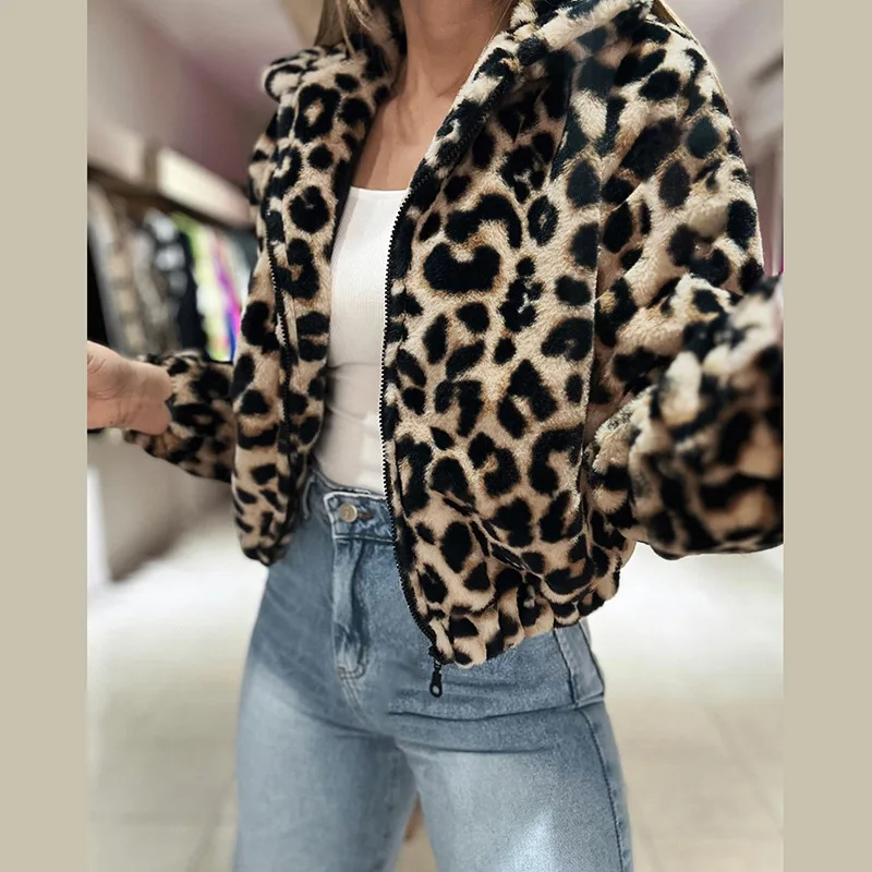 2024 Women Fashion Leopard short jacket Coat Vintage Long Sleeves Button Up Female Outerwear plush autumn winter coat