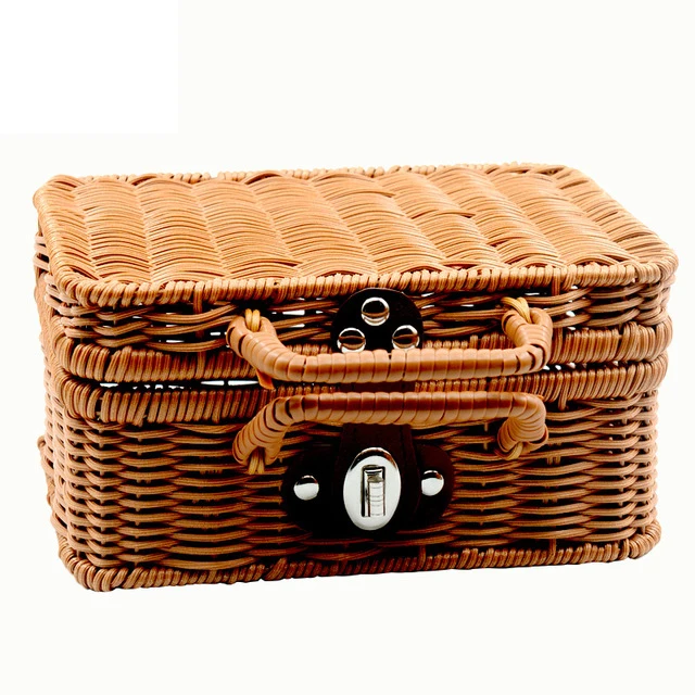 Candy Gift & Kids Toy Baskets Picnic Basket Retro handle Storage Basket Handmade iron frame Woven Rattan Box with Lid