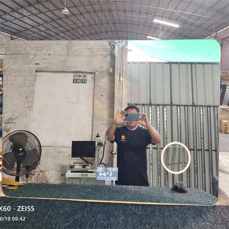 Custom  rectangular frameless smart led mirror with magnifying glass, time, temperature, Bluetooth for bathroom