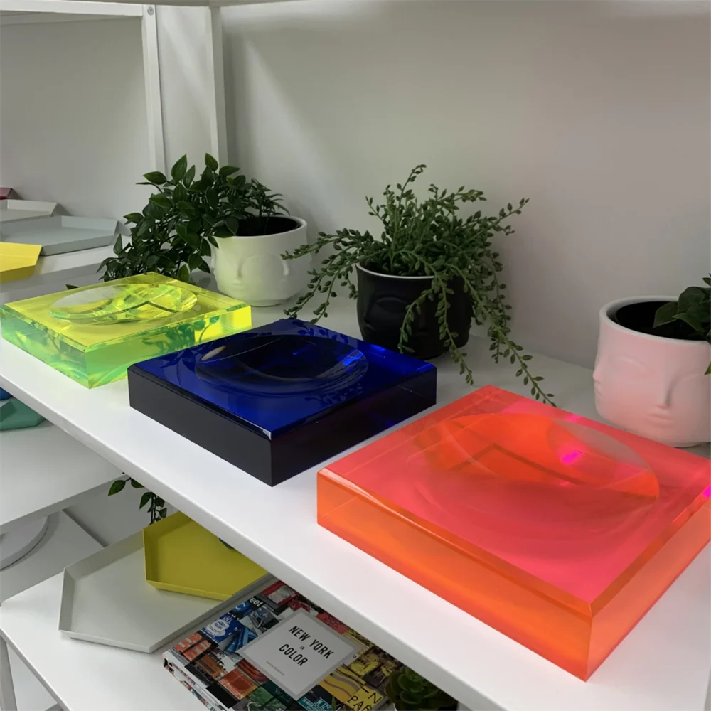 Neon Acrylic Petite Candy Bowl Polished Square Custom UV Printing Solid Acrylic Block Candy Dish Nut Tray for Judaica Gifts