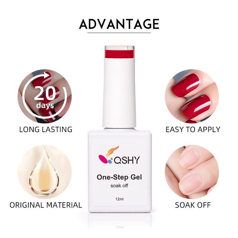 QSHY  Natural Resin Organic Nail Art Product Bright Red Color Permanent Nail Polish Kit One Step Gel Wholesale For Girls