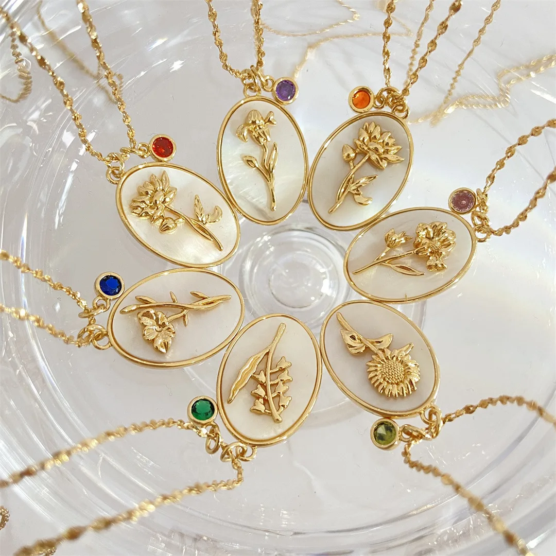 OUKE Fashion Gold Clavicle Chain Birthday Jewelry Gifts 3D Oval Shape December Flower Crystal Birthstone Pendant Flower Necklace