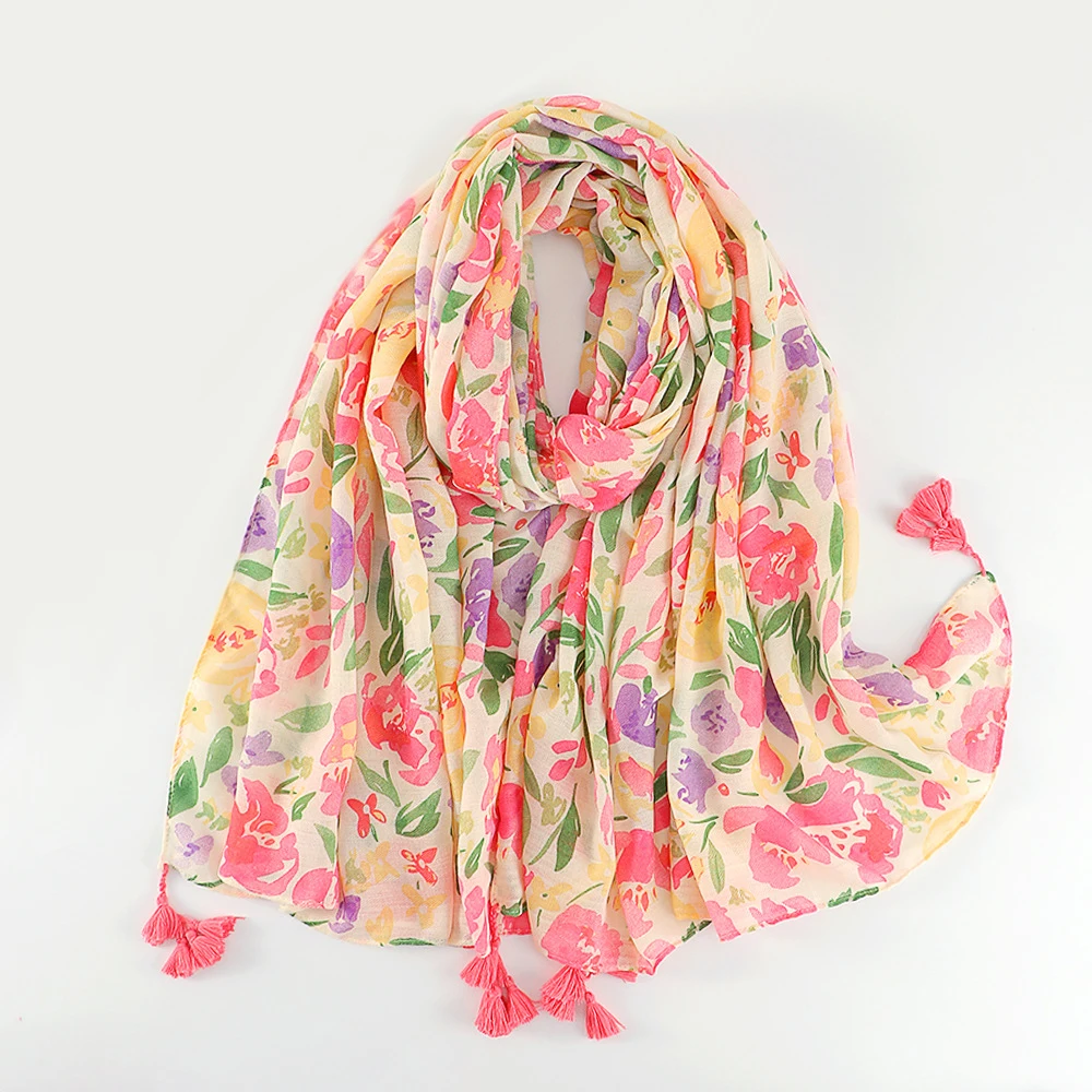 2022 hot selling newest design summer ladies plant flower cotton beach shawls fashion women cotton fabric scarf with tassels