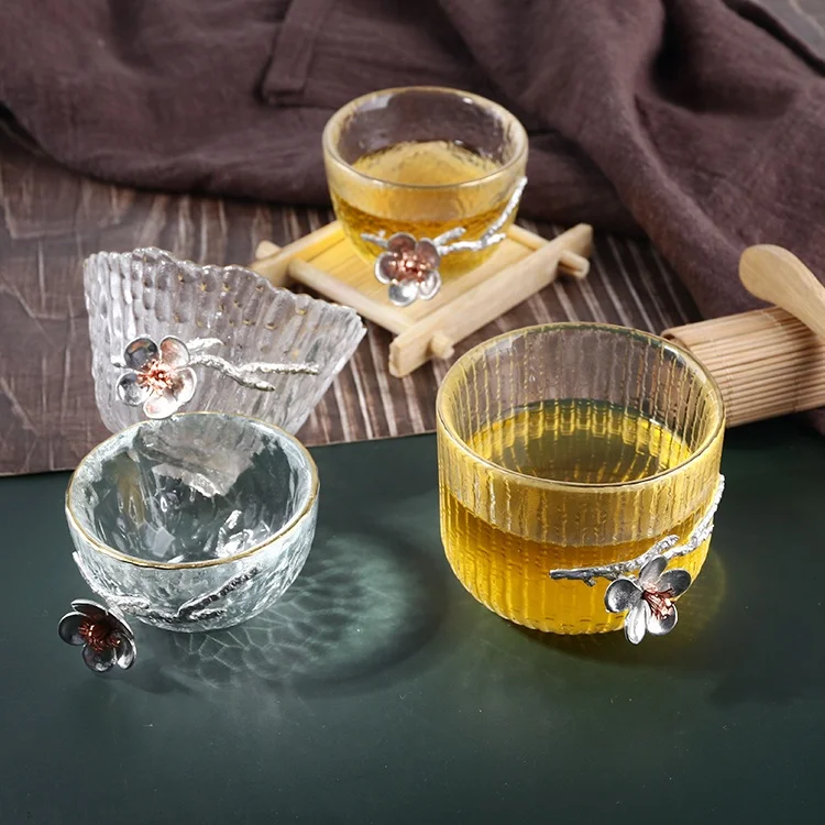 Tin flower design glass tea cups and saucer set drinking glassware with gold rim wholesale