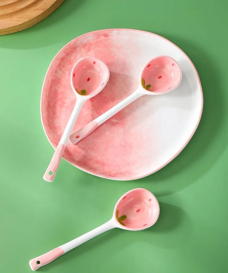 pink lovely cute strawberry coffee spoon long handle tea dessert ice cream ceramic spoons