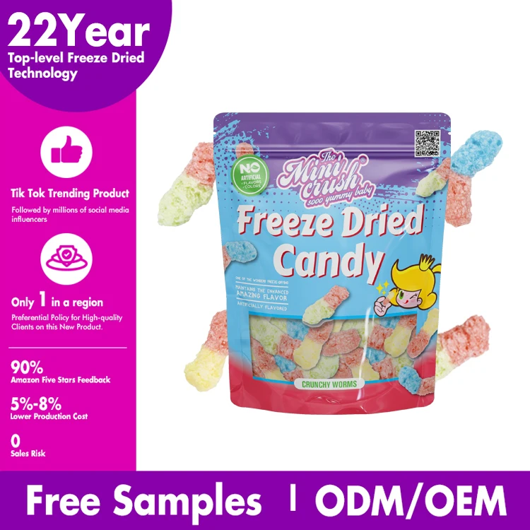 cartoon candy Crunch puffed Candies Wholesale Custom Freeze-Dried gummy sour worms Candy with natural colors&flavors