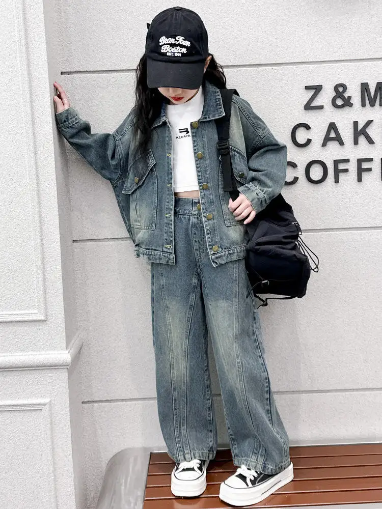 New Design Spring Autumn Girls Cowboy Sets Fashion Lapel Cowboy Coat Wide Leg Pants Sets