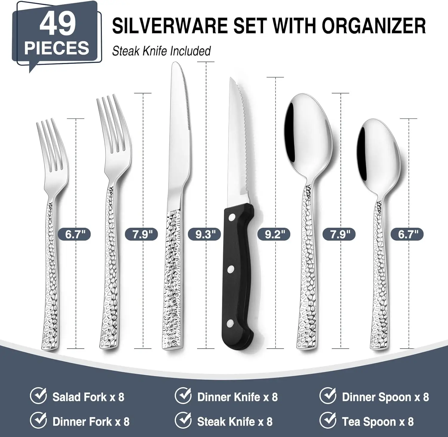 Silverware Set with Organizer, 49 Piece Stainless Steel Hammered Flatware Set for 8, Eating Utensil Sets with Steak knives