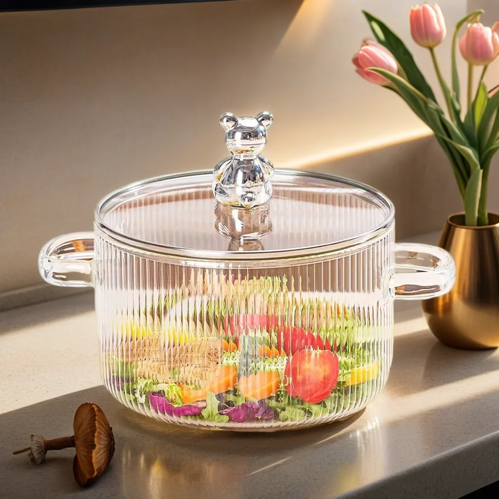 Food Grade Cute Design High Borosilicate Glass Pots For Cooking Stewing Heat Resistant with Lid For Boiling Water