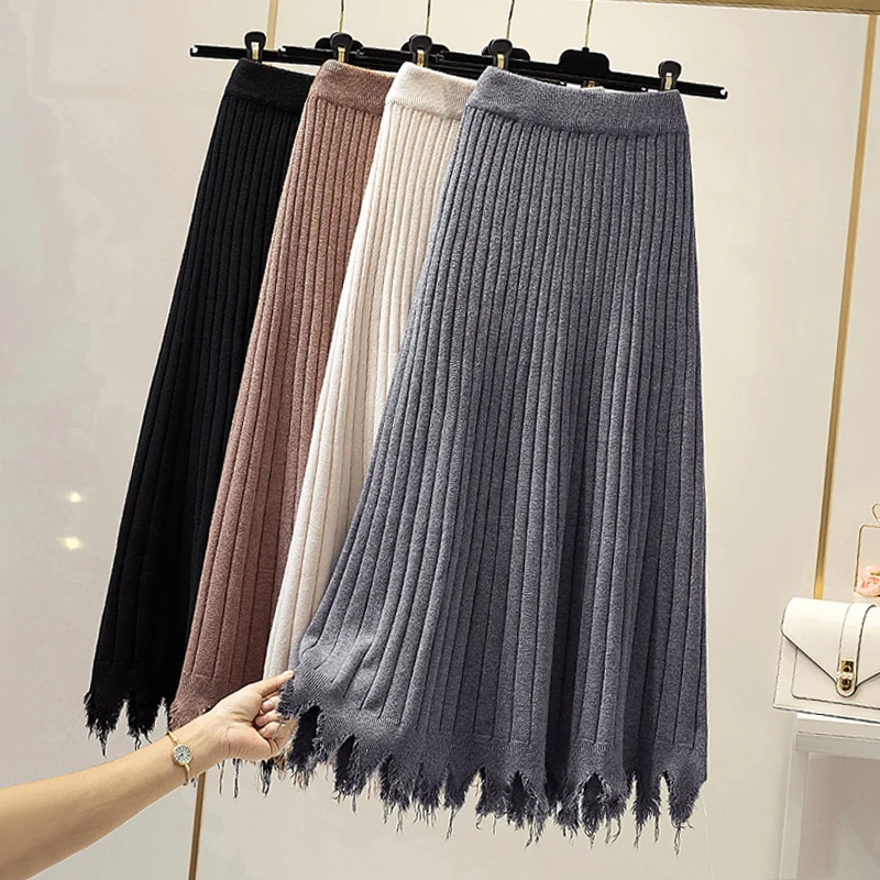 
Hot sale 2021 autumn and winter new clothing knitted mid-length skirt ruffled wrap skirt sweater fishtail skirt sweater 