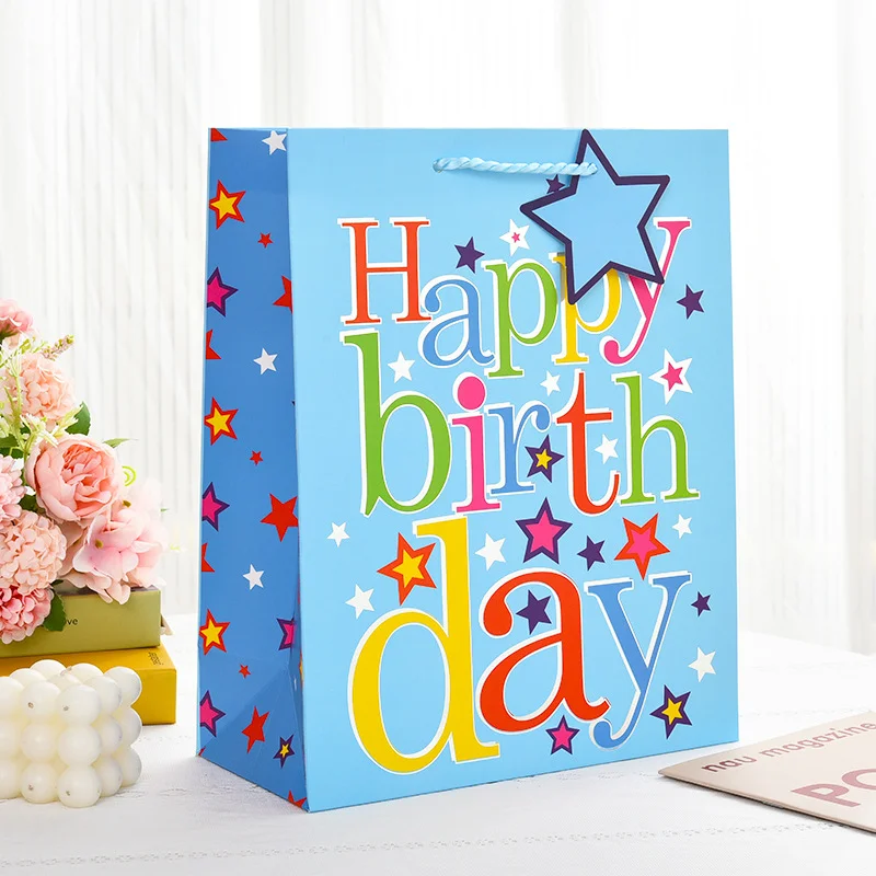 FSC Customizable wholesale unicorn printed eco friendly craft packaging bronzing white card tote paper happy birthday gift bag