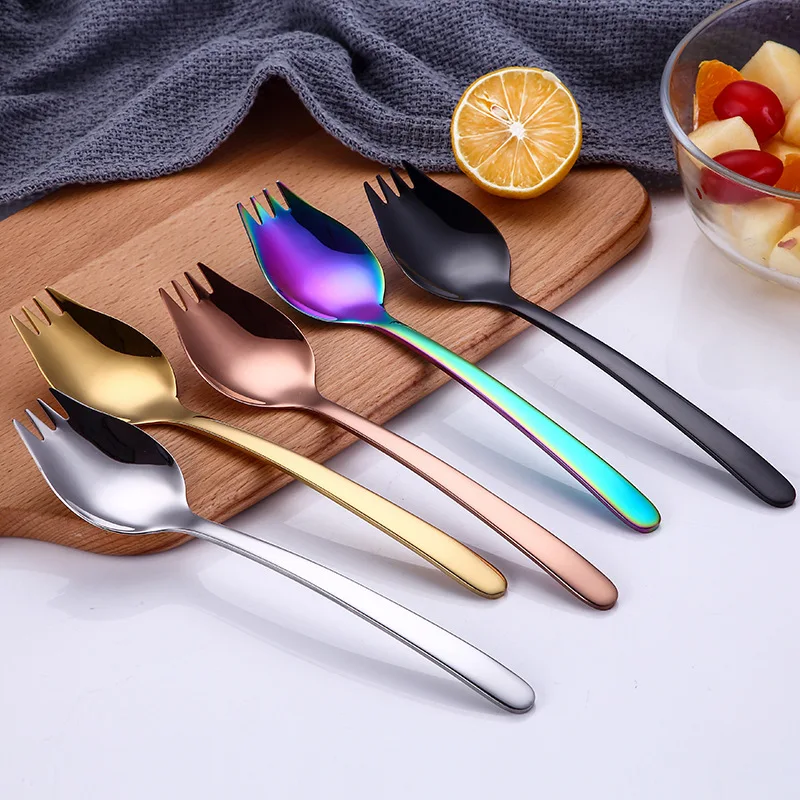 Stainless Steel Dual Purpose Spoon With Fork Portable Creative Salad Fruit Fork Spoon Silver