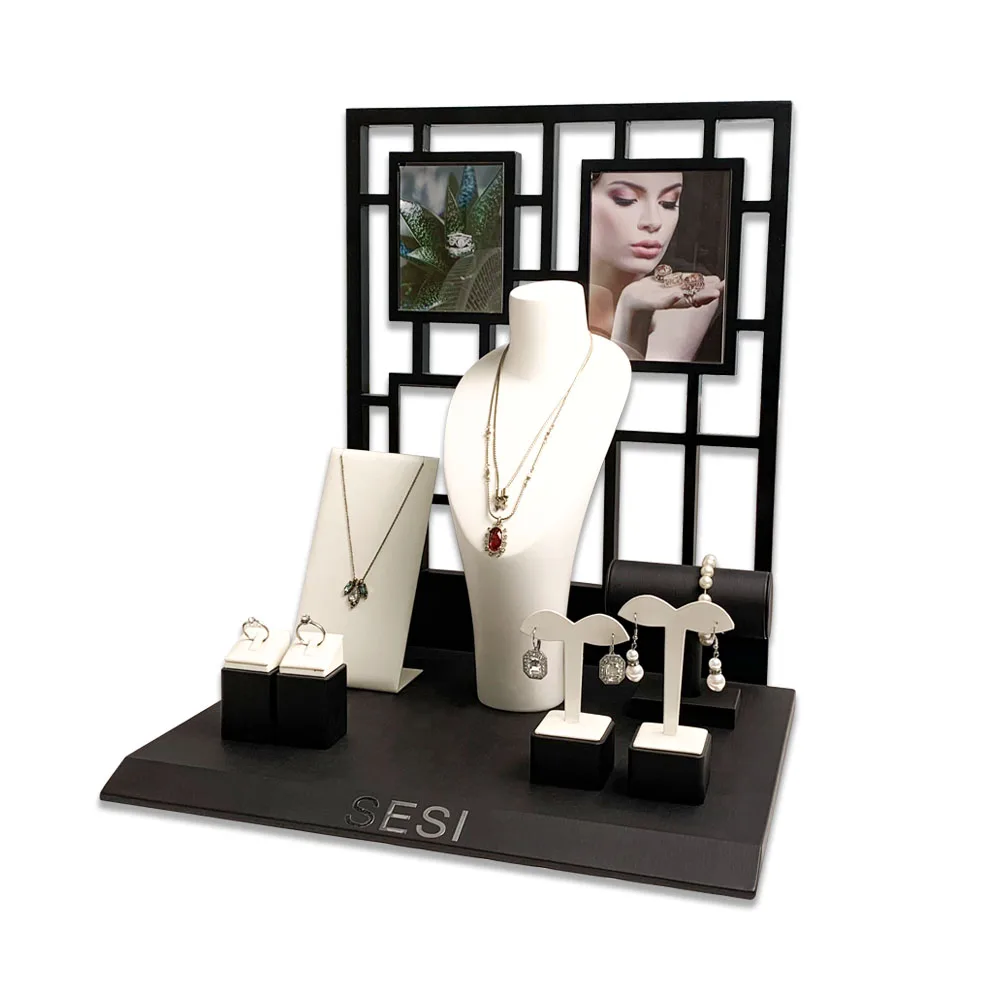 SESI Classic Vintage Window Jewelry Display Set For Earrings Ring Necklace Display Stand Set With Lacquer Painting