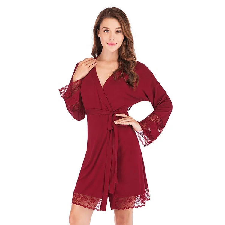 Ladies cheap private label satin robe dressing gown in wine red