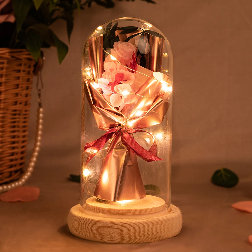 MACTING Wholesale Valentine Christmas Gift Pink Red Decorative Dried Flowers Forever Eternal Roses In Dome Glass