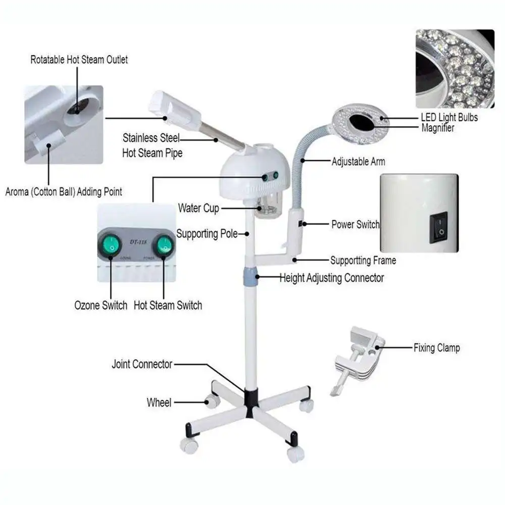 2 in 1 Hot Sales  Hot Spray Face Steamer With 8X Magnifying Lamp Ring Light For Salon Sauna Vapor ozone Vaporizer Facial Steamer