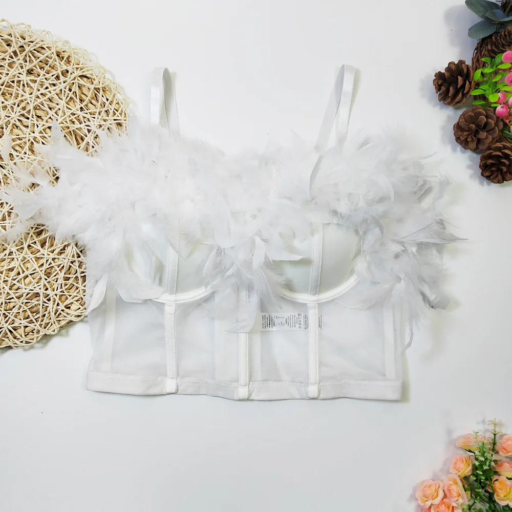 Ladies Sexy White Babydoll Bustier Crop Tube Top Bra For Nightclub Black Sheer Feather Corset