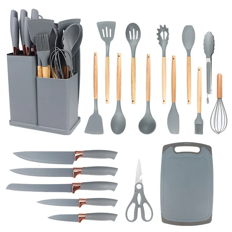 Hot Sale 19-Piece Silicone Kitchenware Set Includes Knife Set and Chopping Board Holder for Cooking Tool Sets