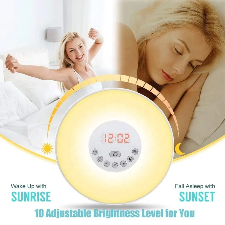 Wake Up Light Sunrise Alarm Clock with FM Radio Night Light Sunrise Sunset Bedroom LED Digital Alarm Clock