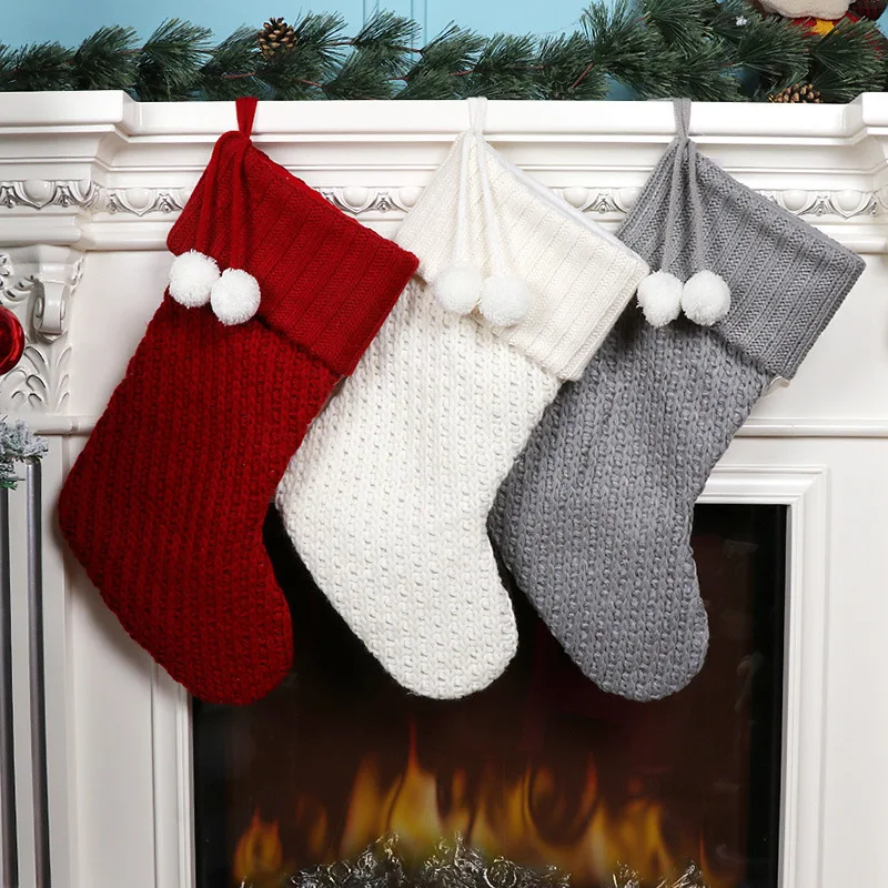 2021 Cross-border New Christmas Ornaments Knitted Wool Thick White Wool Stocking Hotel Home Decoration Christmas Stocking